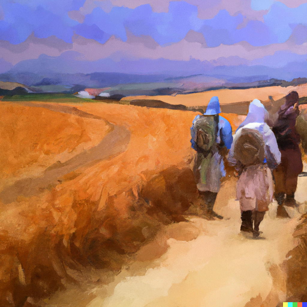 DALL·E 2023-02-08 03.29.45 - ilustración del Camino de Santiago con tonos ocres y azulados en el que se ven a lo lejos 3 peregrinos caminando, uno de ellos más cerca, pintado en e