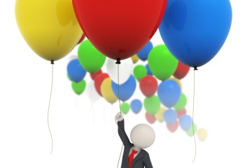 10824418 - 3d rendered business man flying high with a red balloon